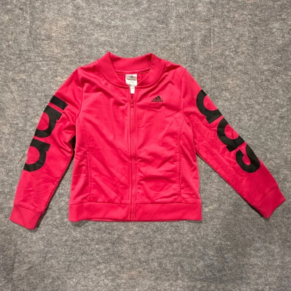 Adidas Girls Pink Track Jacket Medium 10/12 Logo Sleeve Full Zip‎ Bomber Style